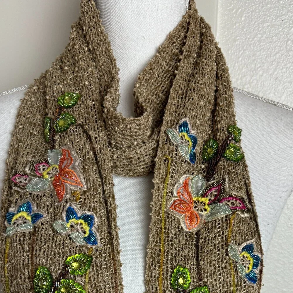 Vintage 90s Beaded Embroidery Art Long Scarf Fringe
